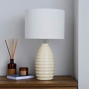 Ceramic <b>Table</b> <b>Lamp</b> White Ribbed <b>Base</b> Round Shade Minimalist Design Indoor Bedroom Decor - Product Image 2