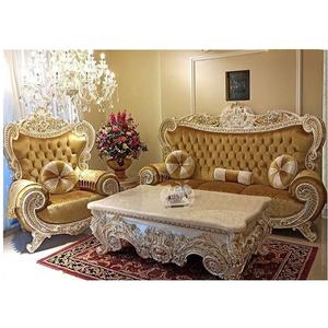 Juego de Sofás Maharaja con Mesa de Centro, Muebles de Madera de Teca Tallada, Acabado Blanco y Dorado para Sala de Estar - Product Image 1