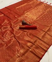 Sari de Seda Kanchipuram, Algodón Banarasi y Lino, Talla Única, para Fiestas, Bodas Indias, Festivales, Tejido Étnico de Diseño Moderno para Mujer