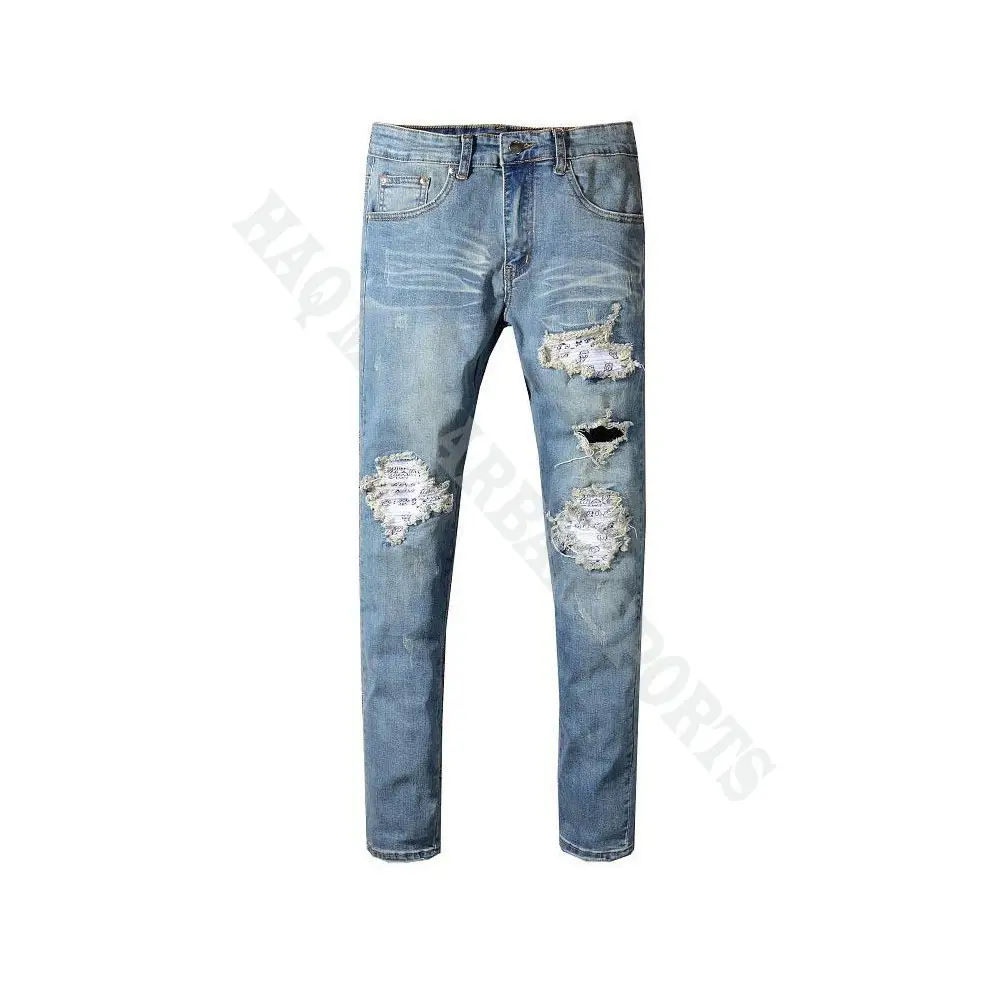 Pantalones vaqueros de motorista para hombre, Jeans rasgados desstoryed personalizados, de alta calidad, con mono blanco, de algodón ligero de Calle Occidental, OEM 123