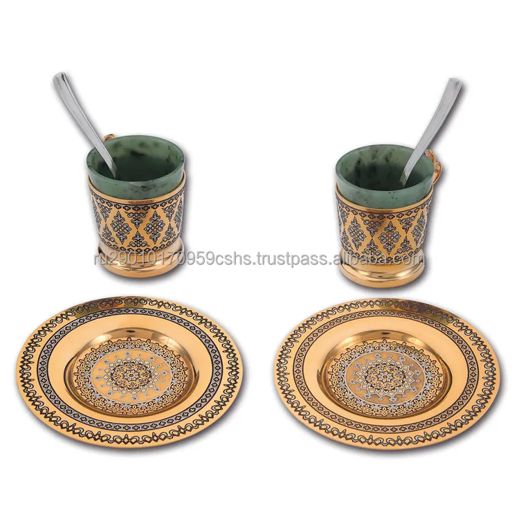 COFFEE SET "PLEASURE" gilded small plates, coasters size cylindrical shape cups and spoons are engraved gift set