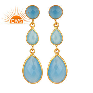 Blue Chalcedony Gemstone Earrings Wholesale <b>Gold</b> Plated Jewelry Handmade 925 Silver Bezel <b>Set</b> Drop Earrings - Product Image 1