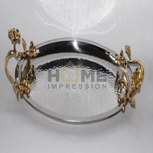 ถาดโลหะทุบตกแต่งด้ามจับรูปใบไม้สีทอง - Product Image 2