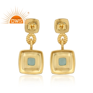 Latest Selling Hammer Finish Silver Earring Gold Plated Aqua Chalcedony Gemstone Earring Wholesale Silver Stud Earring - Product Image 3