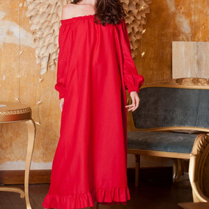 Robe longue rouge à épaules dénudées, manches longues, ourlet droit, coupe ample, style formel d'été, couleur unie, 100% lin, crêpe respirant - Product Image 4