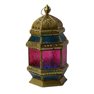 خمر فانوس معلق مع الزجاج الملون ديكور شموع ذات تصميم جمالي فانوس أفضل ل احتفالي الزخرفية تصميم الفانوس المغربي