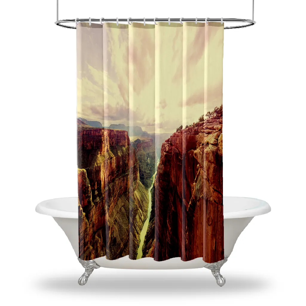 Scenery Printed Showers Curtain / Waterproof Fabric - Button Hole Shower Drapes - Grand Canyon River Cliffs Photo Brown Beige