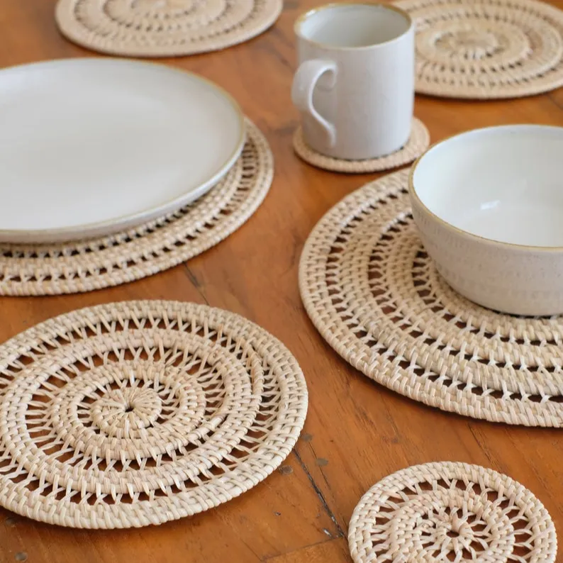 Круглые коврики из натурального ротанга ручной работы, плетеные коврики из ротанга, столовая посуда, сделано во Вьетнаме