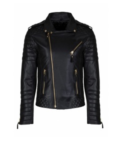 Chaqueta de motorista con cremallera para hombre, de cuero de vaca negro de alta calidad, disponible en todos los colores de cuero, hecha en Pakistán - Product Image 1