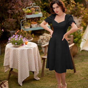 Vestido midi holgado personalizado vintage con abertura frontal, mangas abullonadas, escote corazón, elegante vestido estampado floral para mujer - Product Image 3