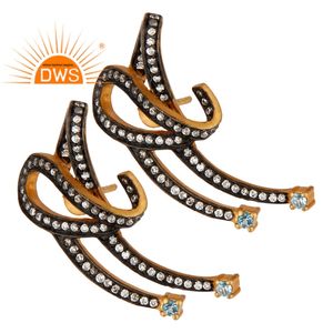 Dws Designer Blue Topaz & Cz Pendiente Chapado en oro Stud Pendiente para mujer Mayorista Pendiente de moda de plata - Product Image 2