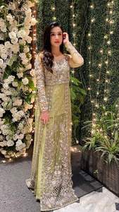 2022 Dabka Work Party- Wedding Wear Attractive <b>Long</b> <b>Top</b> Pant Dress Embellished Embroidery Crystal Glass Lace Sequined Natural - Product Image 2