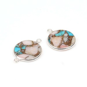 Coin Pink <b>Opal</b> Copper Turquoise 12mm Composite Gemstone Bezel Silver <b>Gold</b> Trendy Charms Connector Pendant Necklace <b>Bracelet</b> - Product Image 2