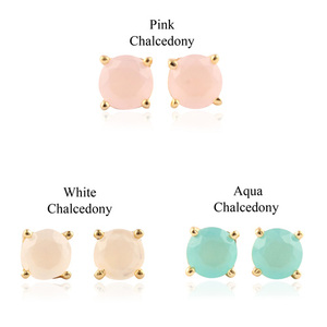 Trắng Chalcedony Stud bông tai thiết kế tối giản với vàng mạ prong thiết lập 6mm nhỏ Stud với kim Cương Ngọc Trai Giá cả hợp lý - Product Image 4