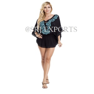 Glamorous Relaxed Style Hot Breezy Tunics Perfect Beach Holiday Cover Up 3/4 sleeve Embroidered Lap Hem Resort Wear Kaftan - Product Image 3