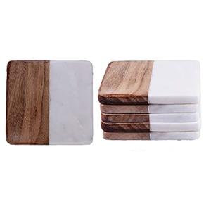 Posavasos de mármol blanco con madera de acacia para sus bebidas Bebidas Bar vasos Posavasos de mármol y madera a la venta - Product Image 3
