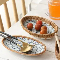 Perfect Set Of 2 Lovely Rattan And Ceramic Serving Tray/ Oval Shape Serving Tray Unique Design