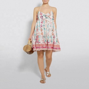 Attractive Designer Cotton Colorful Print Embroidered Sequined strip dress Mini Dress With Bow Style Halter & Adjustable Neck - Product Image 1
