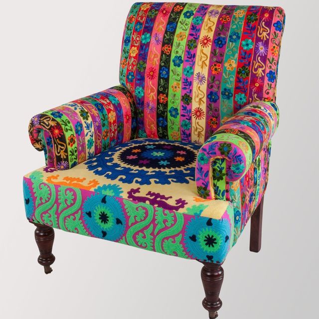 Luxury Traditional Hand Embroidered Suzani Armchair Upholstered Wing Back Portable High Back Leisure Chair Wood Frame