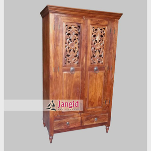 Armoire en bois moderne sculptée à la main avec 2 portes et tiroirs, organisateur de vêtements pour chambre, hôtel, ferme, style indien - Product Image 6