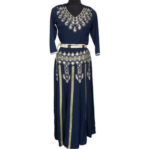 Elegante modesto azul Abaya ecológico bambú/algodón orgánico ropa musulmana tradicional con mangas DE TRABAJO DE CUENTAS bordadas - Product Image 1