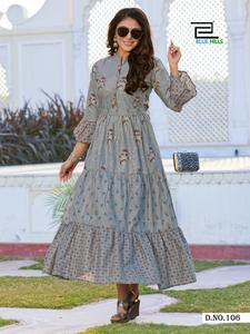 Vestido de algodón con estampado Floral de Anarkali Kurti, traje tradicional hecho a mano de diseñador indio, regalo de San Valentín, gris - Product Image 4
