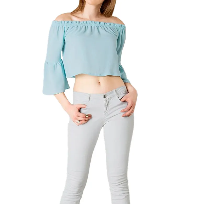 2022 Custom New Women Cotton Polyester Off Shoulder Crop Top - Light Blue With Custom Logo Manufactured By Camo Impex