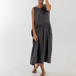 New arrival fashionable trending latest design black color crepe fabric boat neck sleeveless floor length sexy women linen dress - Product Image 1