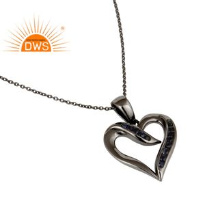 Amazing Blue Sapphire Gemstone Necklace Supplier Oxidized 925 Silver Love Heart Shape Pendant Necklace Jewelry - Product Image 4