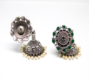 Latest designer <b>fashion</b> brass silver look alike <b>hoop</b> flower stone stud jhumka <b>earings</b> for women and girls - Product Image 3