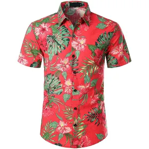 Yaz ucuz erkek rahat moda hawaii baskılı kısa kollu düğme aşağı plaj gömlek palmiye ağacı gömlek
