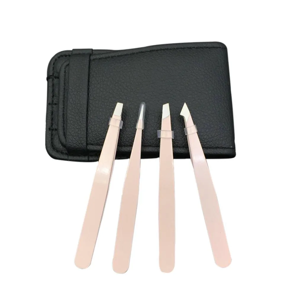 Top Quality Material Eyebrow Hair Plucking Tweezers Set Pink Powder Coated Eye Brow Tweezer With PU Pouch