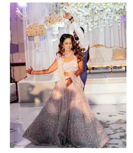 新设计师新娘穿厚重的柔软网，刺绣工作，婚礼穿lehngha choli