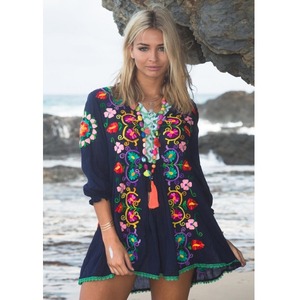 Boho Floral Embroidered Cotton Midi Dress V-Neck <b>Three</b> Quarter Sleeve Loose Fit Summer Casual Women's Tunic Rajasthan In-Stock - Product Image 2
