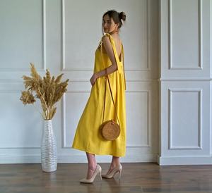 Encantador Vestido Largo Holgado Sin Mangas de Lino Amarillo Brillante con Espalda Descubierta y Tirantes Anchos, Lindo Vestido de Verano con Espalda Descubierta para Damas Modernas - Product Image 3