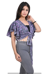 Tissu en Viscose de soie imprimé, haut court noué sur le devant, style Boho, vêtements de plage d'été, haut court pour femmes, au prix de gros - Product Image 4