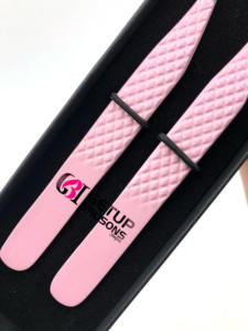 Pinzas de extensión de pestañas de acero inoxidable con revestimiento de polvo rosa claro de 90 grados de estilo profesional, instrumentos de belleza con logotipo personalizado - Product Image 4