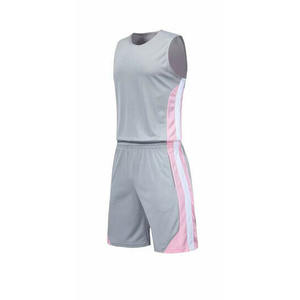 Ensemble de maillot de basket-ball unisexe gris et rose à blocs de couleur, débardeur sans manches avec short, évacuation de l'humidité, respirant, séchage rapide - Product Image 2