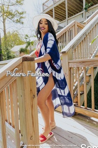 Summer Boho Women's Tie Dye Kimono Swim <b>Dress</b> <b>Long</b> <b>Sleeve</b> Open Front Casual Weave Natural Waistline Sustainable and Washable - Product Image 4