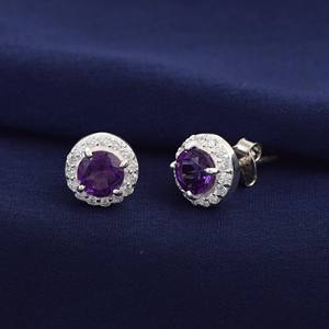 Pendientes de piedras preciosas de amatista Zirconia cúbica de alta calidad S925 tachuelas redondos de plata esterlina joyería chapada en oro para regalar - Product Image 4