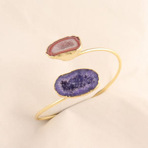 Two Stone Natural Geode Agate Druzy Flexible Open <b>Cuff</b> Bangle <b>Bracelet</b> Brass Gold Electroplated Edged Statement Jewelry <b>Bracelet</b> - Product Image 4