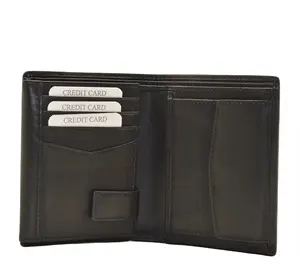 Dompet Pria Kulit Asli Bifold Flip ID, Dompet Kulit Asli, Tempat Kartu Vertikal, Kompartemen Koin, Pemblokiran RFID