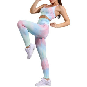 Conjunto de Yoga Tie Dye para Mujer, Leggings de Cintura Alta con Degradado, Top Corto con Espalda Cruzada, Dos Piezas, Spandex, Poliéster, Elástico en Cuatro Direcciones, Largo Completo - Product Image 1