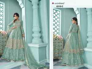 Robe de travail en tissu brodé avec imprimé floral lourd pour femme, tenue de fête anarkali, dernier style - Product Image 3