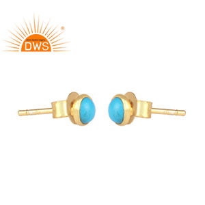 Sky Blue <b>Turquoise</b> Gemstone <b>Earring</b> Round <b>Stud</b> Gold Plated <b>Earrings</b> Silver Jewellery Classic Collection - Product Image 1