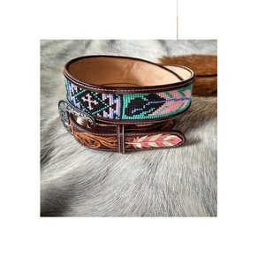 100% ออกแบบหนังวัวอเมริกันเข็มขัดคาวบอยตะวันตกกับงานลูกปัดและดอกไม้นูนออกแบบผู้ผลิตชั้นนำสำหรับผู้ชายและผู้หญิง - Product Image 1
