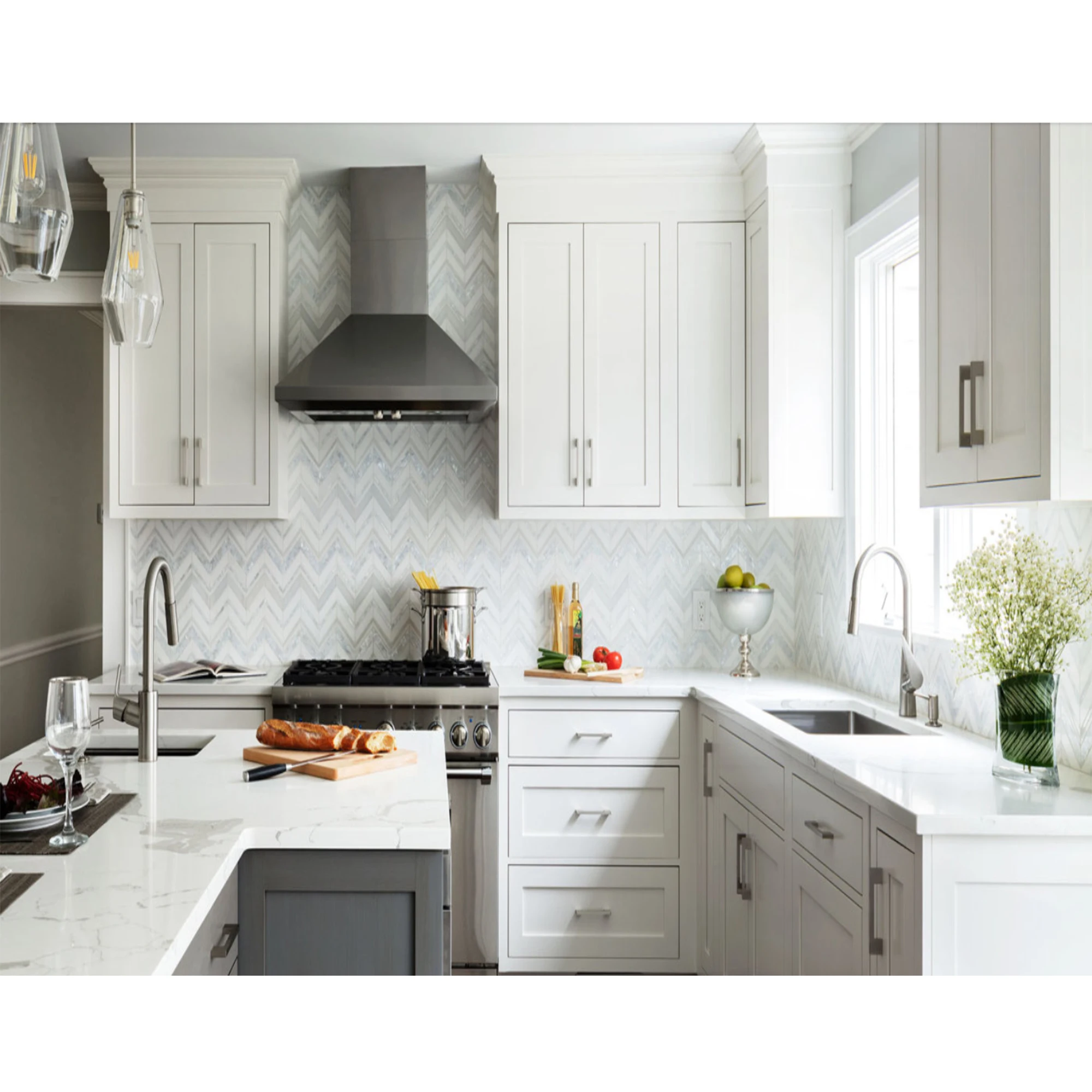 elegant white shaker all in one unit l shape kitchen cabinets