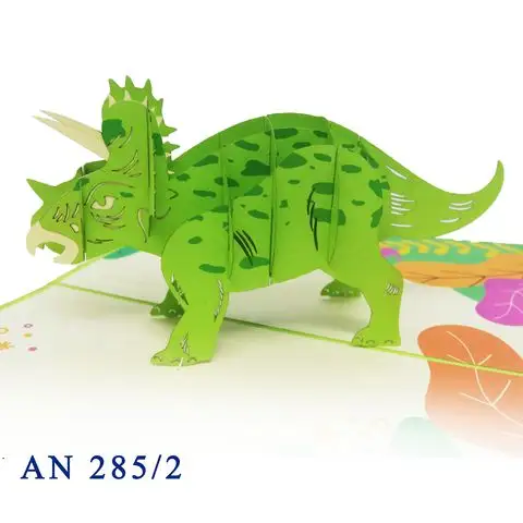 สีเขียว Triceratops ไดโนเสาร์ 3D Pop Up การ์ดผลิตภัณฑ์ที่ร้อน Handmade เวียดนาม 3D สัตว์อวยพรหัตถกรรมกระดาษเวียดนามยอดนิยม