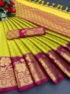 Blusa de algodón mercerizado con diseño exclusivo, blusa a juego de saree con contraste, Pallu y saree - Product Image 5