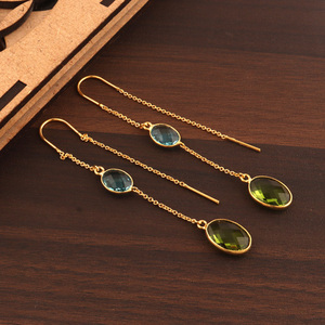 ต่างหูห้อยหินคู่รูปวงรีสีฟ้าสวิสสำหรับใส่ควอทซ์และแร่ควอตซ์ตุ้มหูแบบเข็มเคลือบทอง - Product Image 4